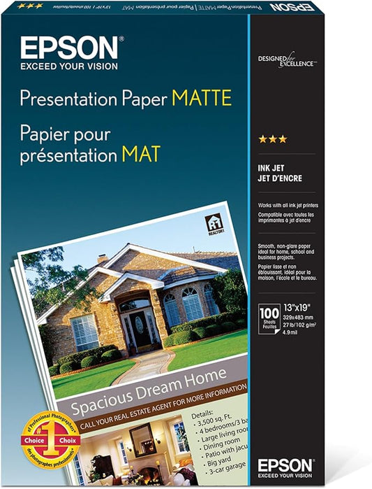 Epson S041069L Matte Presentation Paper, 27 lbs., Matte, 13 x 19 (Pack of 100 Sheets)