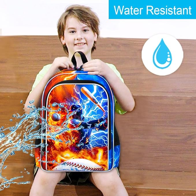 gxtvo 3PCS Boys Baseball Backpack, 17" Kids Bookbag with Lunch Box, Water Resistant Middle Elementary School Bag - Fire & Lightning Baseball Player
