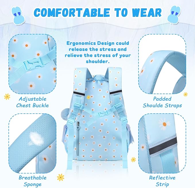 Kids Backpack for Girls - School Bags for Middle School Students - Book Bag for Elementary Primary - Kawaii Ita Backpack - Blue Daisy