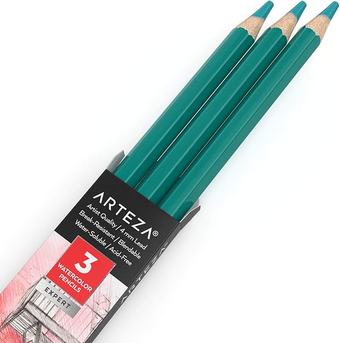Arteza Professional Watercolor Pencils, Pack of 3, A605 Shamrock Green, Water-Soluble Pencils for Coloring, Blending, Layering & Watercolor Techniques