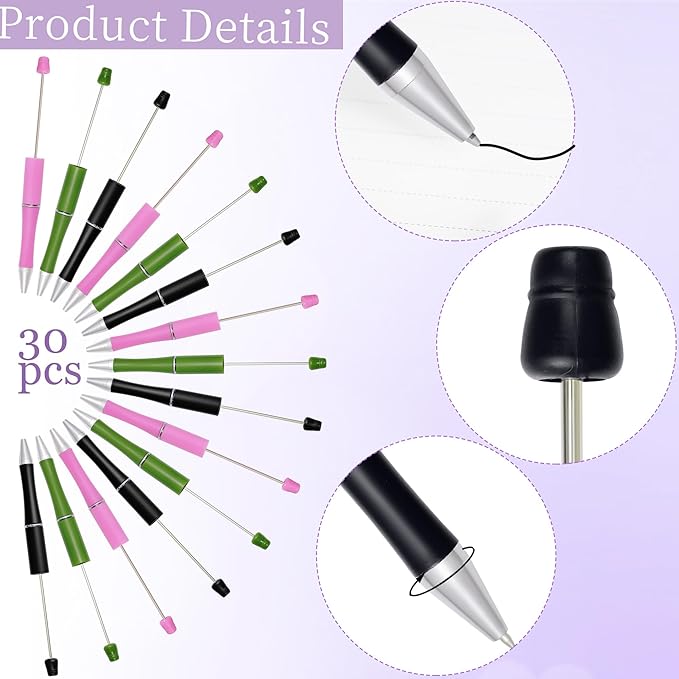 jiebor 30Pcs Halloween Beadable Pens Plastic Bead Ballpoint DIY Cute Cool Pens Black Ink for Women Men Bridal Graduation Gift Office Supplies Black Pink Green