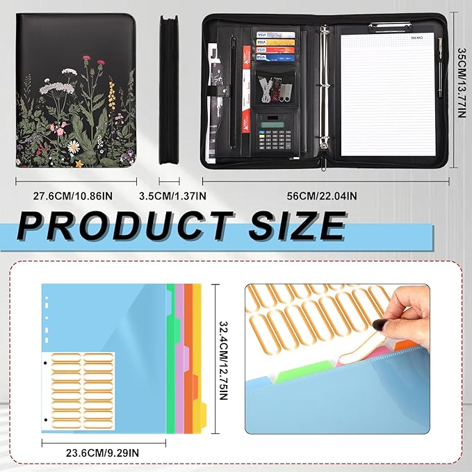 Eshow Portfolio Organizer - 3 Ring Binder with Zipper, Vegan Leather Business Padfolio Folder with Notepad Includes 5 Colorful Sheet Protectors for Documents Files for Women