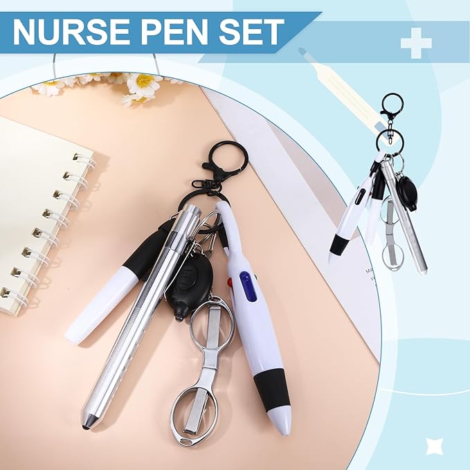 6 Pcs Nurse Pens for Badge Set,Nurse Badge Accessories with Reel Pen,Nursing Accessories Healthcare with Pens,Highlighter and Permanent Marker Pen and Led Keychain Foldable Scissors(Silver)