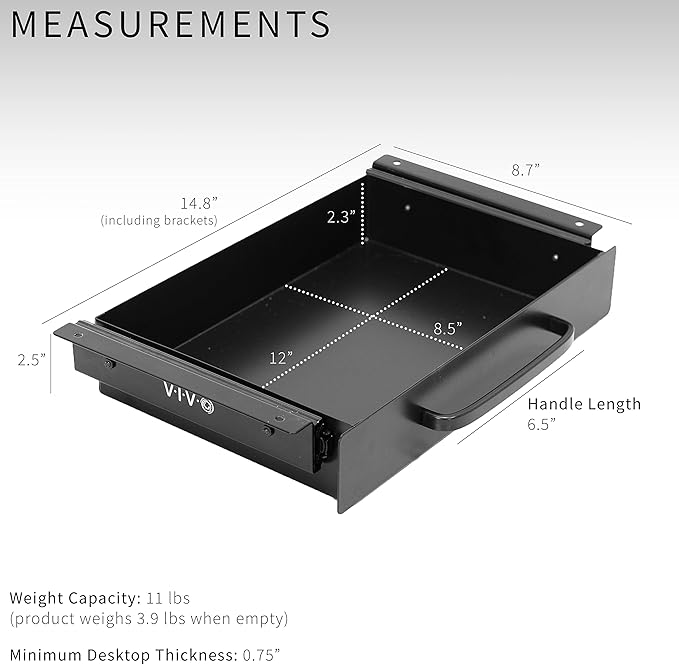 VIVO 13 inch Under Desk Mounted Sliding Pull-out Drawer for Office Desk, Pull Handle, Storage Organizer for Sit Stand Workstation, Black, DESK-DR1H-B (Pack of 3)