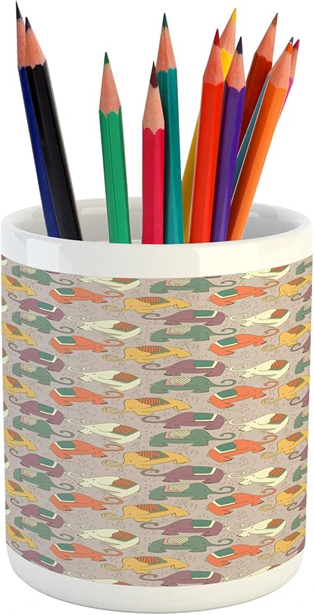 Ambesonne Elephant Pencil Pen Holder, Hand Drawn Style Animal Characters with Bicycle Wheels Background, Ceramic Pencil Holder for Desk Office Accessory, 3.6" X 3.2", Multicolor