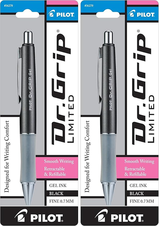 PILOT Gel Pen, Fine Point, Charcoal Gray | Black Ink | Retractable | Metallic Barrel | Pack of 2