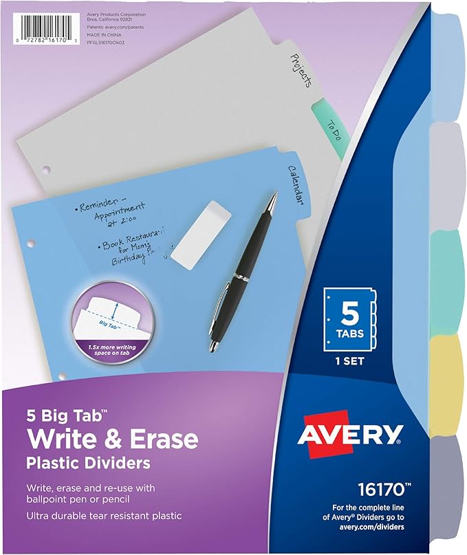 Avery Big Tab Write & Erase Durable Plastic Dividers for 3 Ring Binders, 5-Tab Set, Pastel Multicolor, 1 Set (16170)
