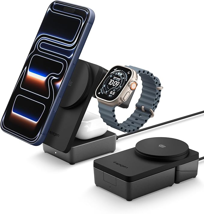 Spigen for Fast Wireless Charger Qi2.2 25W 3 in 1 Foldable Portable MagSafe Charger, Compatible with iPhone 17/16/15/14/13/12, AirPods 4/3 & Pro 3/2/1, Apple Watch, Galaxy S26 Series, Galaxy Watch