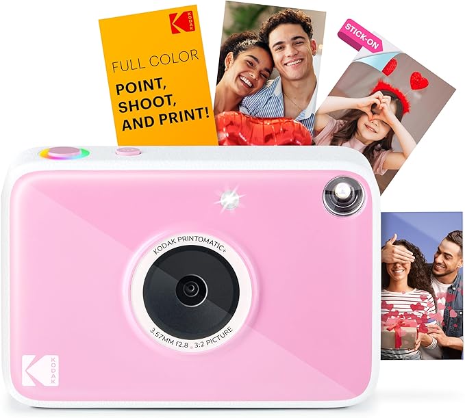 Kodak Printomatic+ Instant Print Digital Camera (Pink) 10MP Portable Camera with Interactive RGB LED Status Indicator, Prints Full-Color Photos on Zink 2x3” Sticky-Backed Photo Paper - Easy & Fun