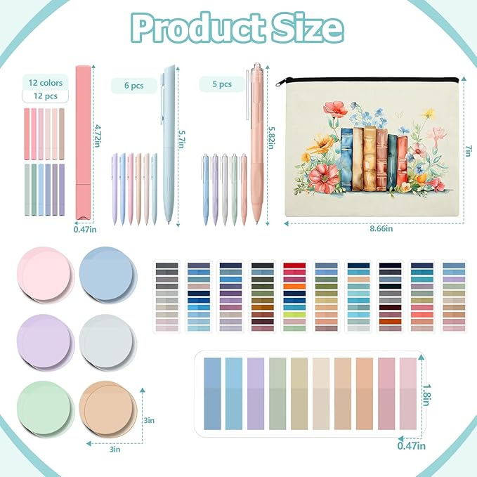 Book Annotation Kit, Aesthetic Bible Study Journaling Kit, 2640 Pcs Sticky Tabs, 300 Sticky Notes, 11 Gel Ink Pen, 12 Highlighter Marker, Pencil Case Pouch for Book Lover(Round)