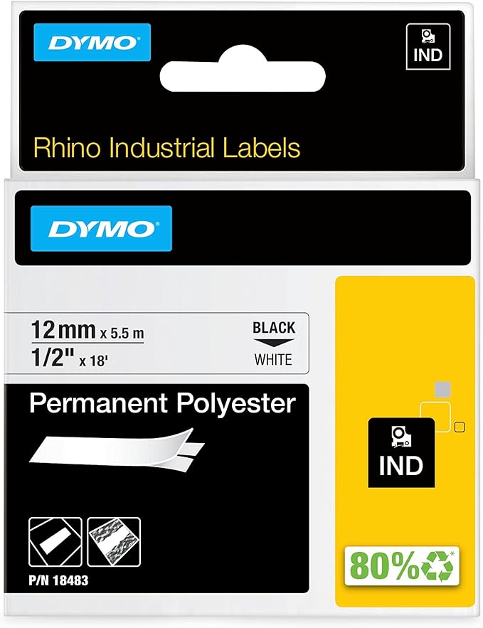 DYMO Rhino Industrial Permanent Polyester Labels 1/2" Black Print on White Tape