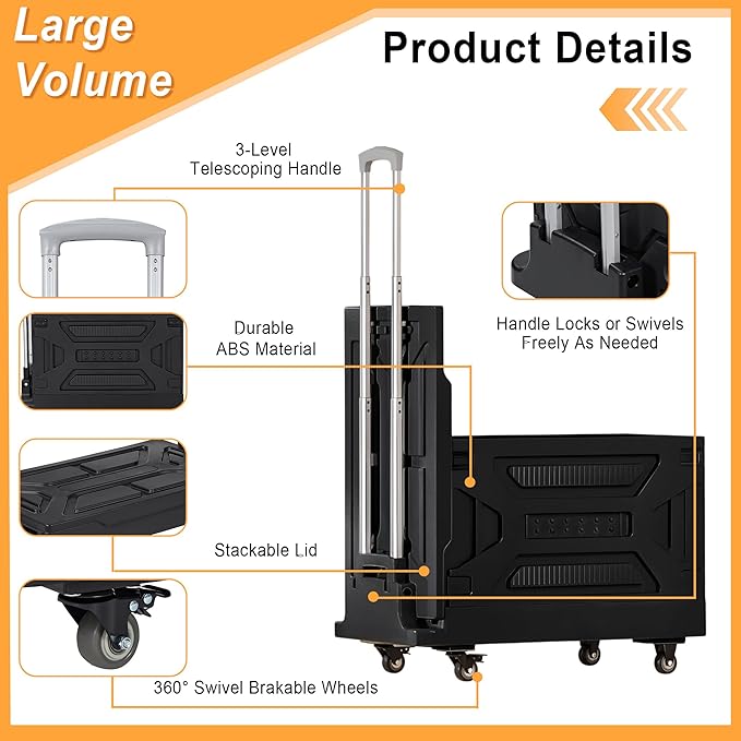 VECELO Foldable Shopping Cart with Wheels, Collapsible Rolling Crate for Groceries, Folding Storage Box with Handle, Three Modes of Use, Ideal for Teacher, Trip, Outdoors, Etc., 16GAL, Black