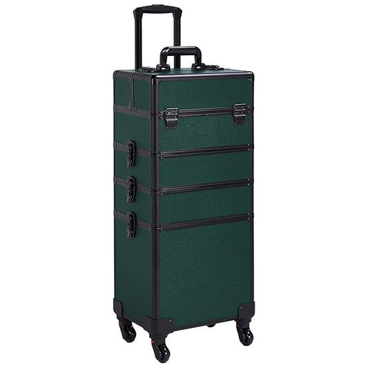 Yaheetech 4 in 1 Aluminum Rolling Makeup Case Professional Cosmetic Case Makeup Train Case Cosmetic Organizer Makeup Trolley Dark Green