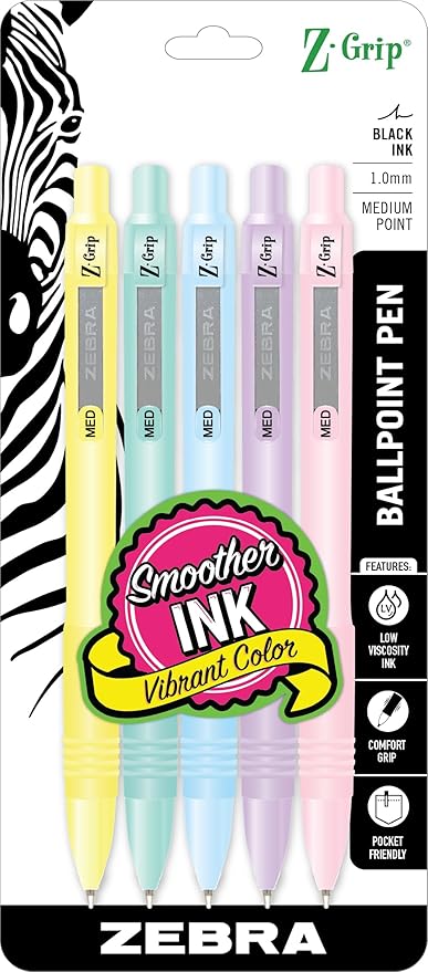 Zebra Pen Z-Grip Pastel Retractable Ballpoint Pen, Assorted Color Barrels, 1.0mm Medium Point, Smooth-Flowing Black Ink, School Supplies, Teacher Supplies, and Office Supplies, 5-Pack (22105)