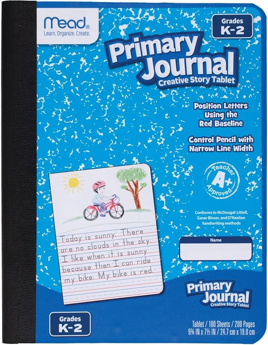 Mead Primary Journal,Half Page Ruled,Grades K-2,7 1/2" x 9-3/4",Color Will Vary (10297),100 Sheets (Pack of 12)