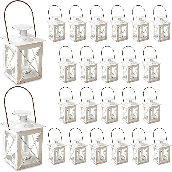 Kate Aspen Decorative Lanterns - Set of 24 - Luminous Distressed Metal Lantern Candle Holders for Wedding, Home Decor and Party - 4.5" H (6.5" H with Handle) – White