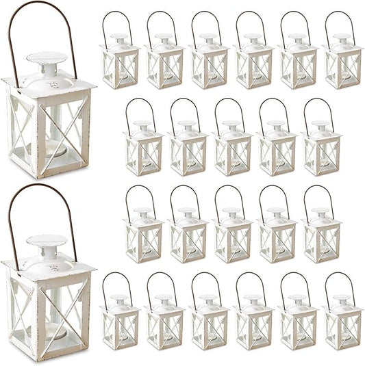 Kate Aspen Decorative Lanterns - Set of 24 - Luminous Distressed Metal Lantern Candle Holders for Wedding, Home Decor and Party - 4.5" H (6.5" H with Handle) – White