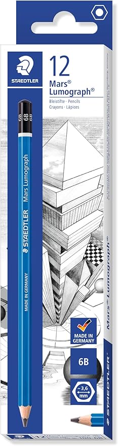 STAEDTLER Mars Lumograph 6B Graphite Art Drawing Pencil, Soft, Break-Resistant Bonded Lead, 12 Pack, 100-6B, Grey