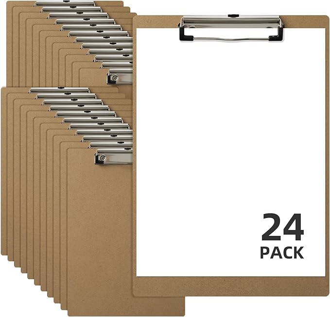 HappyHapi 24 Pack Clipboard 8.5 x 11 Letter Size Clip Boards Bulk, A4 Wooden Hardboard Office Clipboards Pack for Classroom, Work-Meetings, Brown
