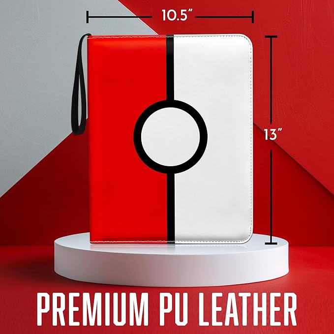 Card Binder 13"x10.5"x1.8", PU Leather Zipper Case with Handle, 9 Pocket Double Sided Pages, Holds 900 Cards, Red White Design, 3 Ring Binder with Velvet Liner for Collectible Cards