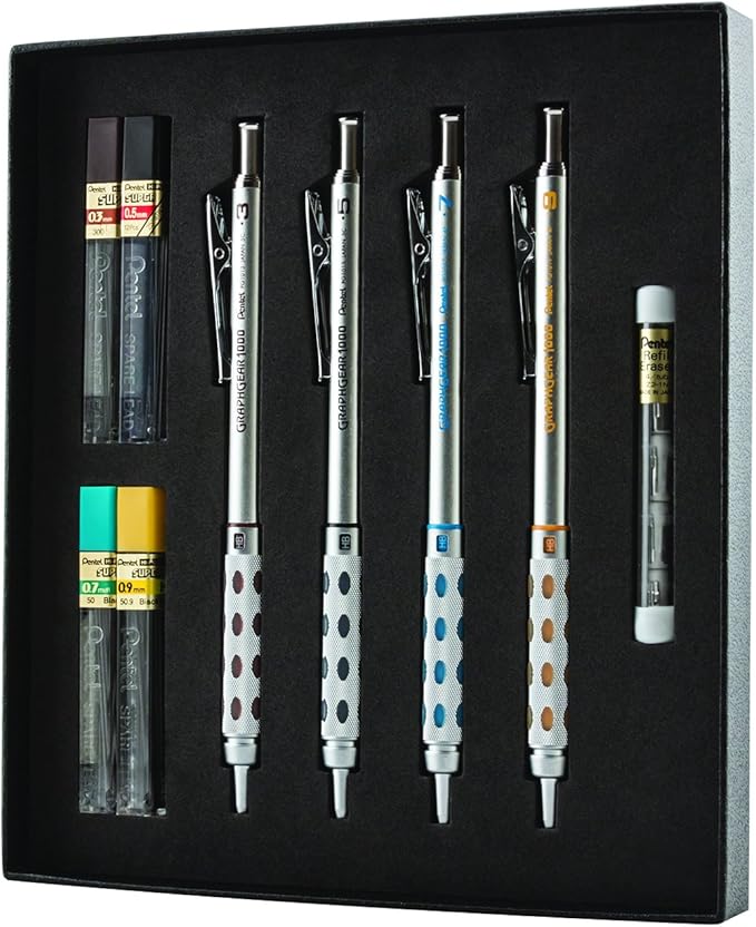 Pentel Arts GraphGear 1000 Mechanical Pencil Premium Gift Set with Refill Leads & Erasers (PG1000BXSET)