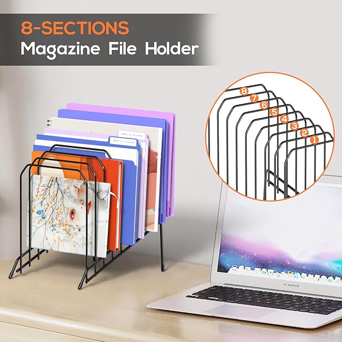 Incline Metal Desk Magazine Folder Holder, Sorter Desk File Organizer with 8-Section Vertical Compartments Rack File Organizer for Office, Home, School