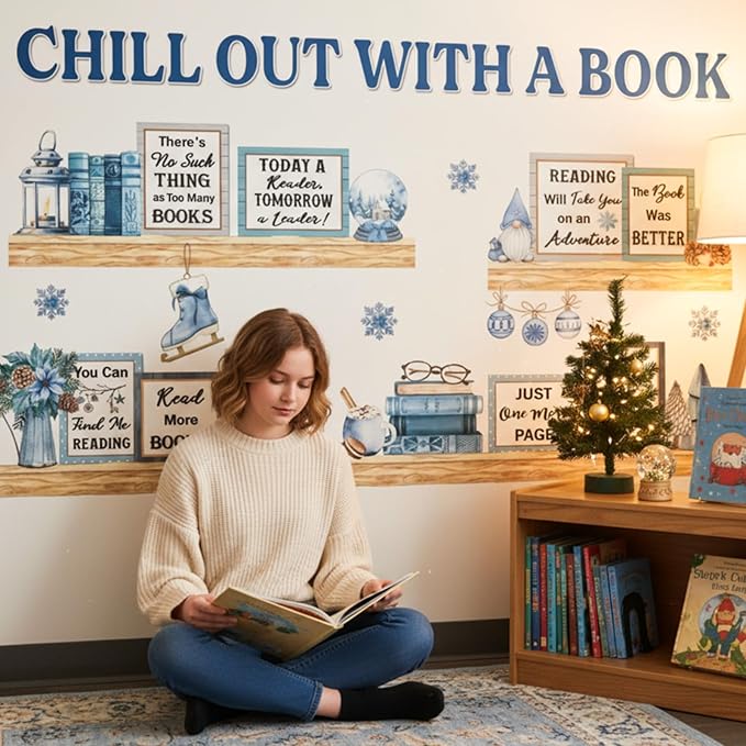 Qilery Winter Reading Bulletin Board Set – Christmas Classroom Decorations with Snowflakes & Book Quotes, Holiday Literacy Wall Decor for Teachers, School Library, Seasonal Reading Corner Display