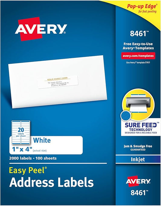 Avery Easy Peel Printable Address Labels with Sure Feed, 1" x 4", White, 2,000 Blank Mailing Labels (08461)