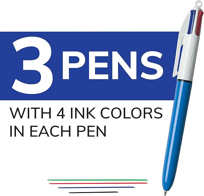 BIC 4-Color Original Retractable Ball Pens, Versatile 1.0mm Medium Point, Long-Lasting Ink, Great Gift Idea, 3-Count in Assorted Colors, (Pack of 2)