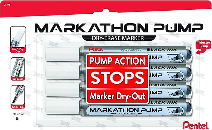 Pentel Markathon Pump Dry Erase Marker, Chisel Tip, Black Ink, 4 Pack (MWL6SXBP4A)