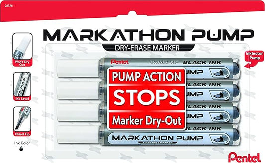 Pentel Markathon Pump Dry Erase Marker, Chisel Tip, Black Ink, 4 Pack (MWL6SXBP4A)