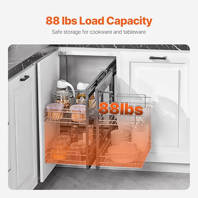 VEVOR Min 15" W Opening Blind Corner Pull Out Organizer, 2 Tier 4 Shelf Kitchen Cabinet Organizer, Chrome Carbon Steel Storage Basket, Slide Out Storage Organizer, Left & Right Open Compatible