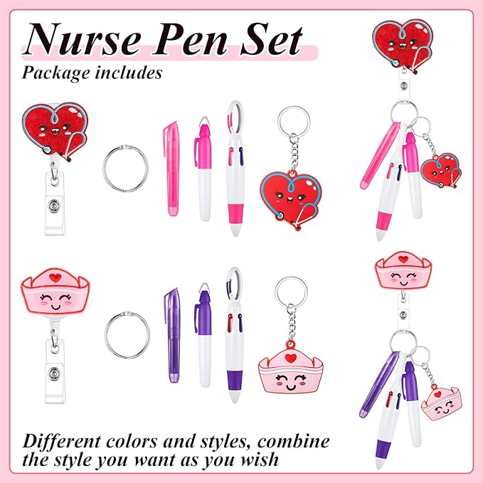 Henoyso 12 Pcs Nurse Badge Reel Pens Mini Highlighter Pens Bulk Nursing Week Appreciation Gifts Badge Accessories Retractable for Cna Medical Assistant Christmas Women (Classic)