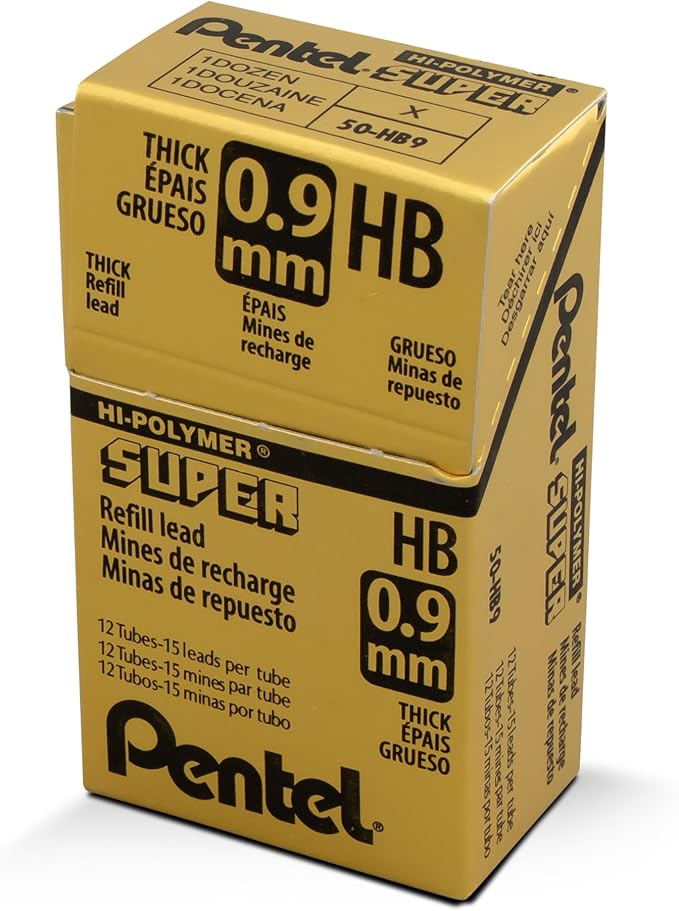 Pentel Super Hi-Polymer Lead Refill, (0.9mm) Thick, HB, 180 Pieces of Lead, 12 Tubes of Lead (50-9-HB)