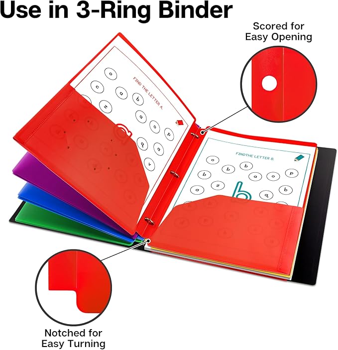 Dunwell Plastic 2-Pocket Folders for 3-Ring Binders, (12 Pack, Assorted Colors) 3 Hole Punched, Divider Folder for Notebook, Durable Poly, Fits 8.5x11 Sheets, Includes Labels
