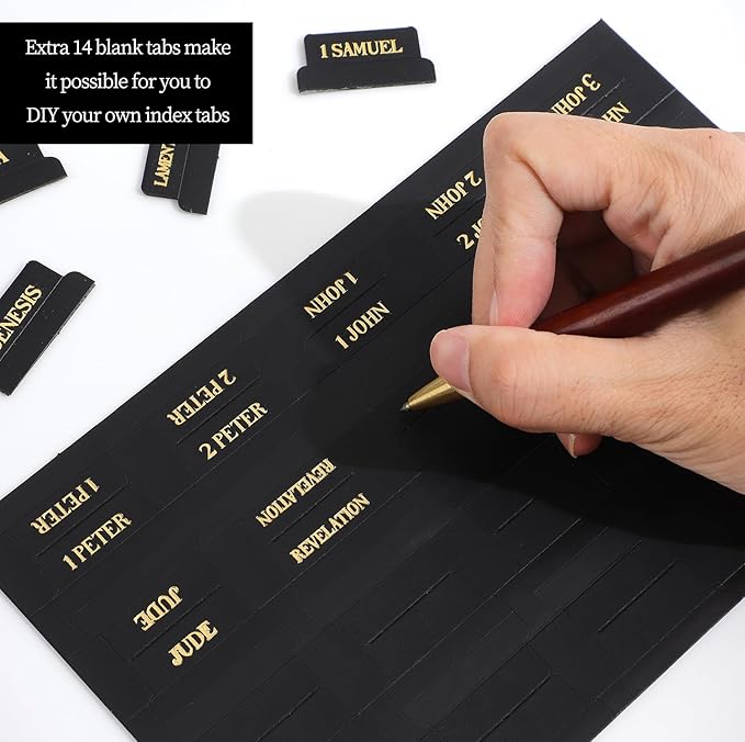 Leather Bible Tabs, Bible Tabs for Women and Men(Gold Foil Lettering) Large Print Stickers, Easy to Read and Apply, 66 Chapters & 14 Blank DIY Labels for Easy Navigation, Christian Accessories(Black)