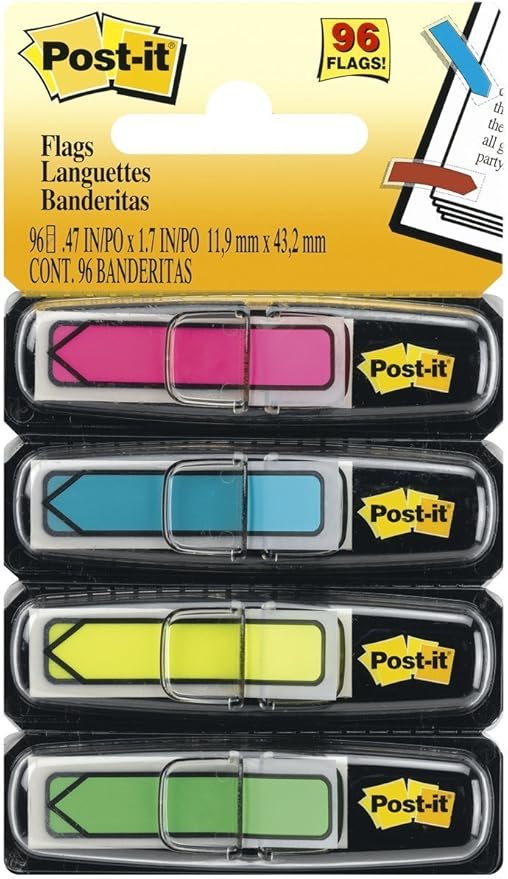 Post-it Arrow Flags, Assorted Bright Colors, 1/2-Inch Wide, 24/Dispenser, 4-Dispensers/Pack, 6 Packs