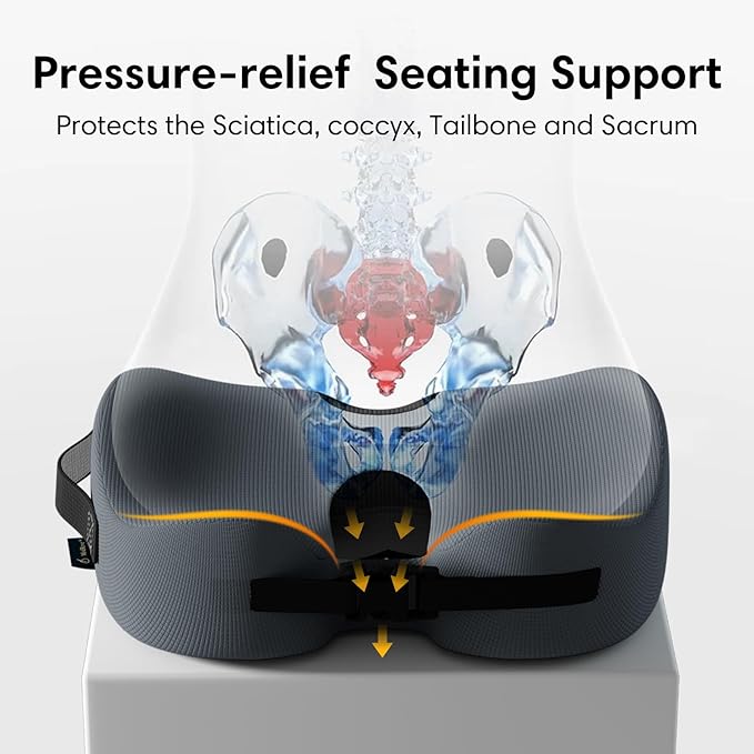 Large Memory Foam Seat Cushion for Office Chair, Car, Desk, Truck & Wheelchair - Tailbone, Coccyx & Sciatica Pain Relief Pillow - Ergonomic Back Support Portable Pad for Long Sitting & Driving