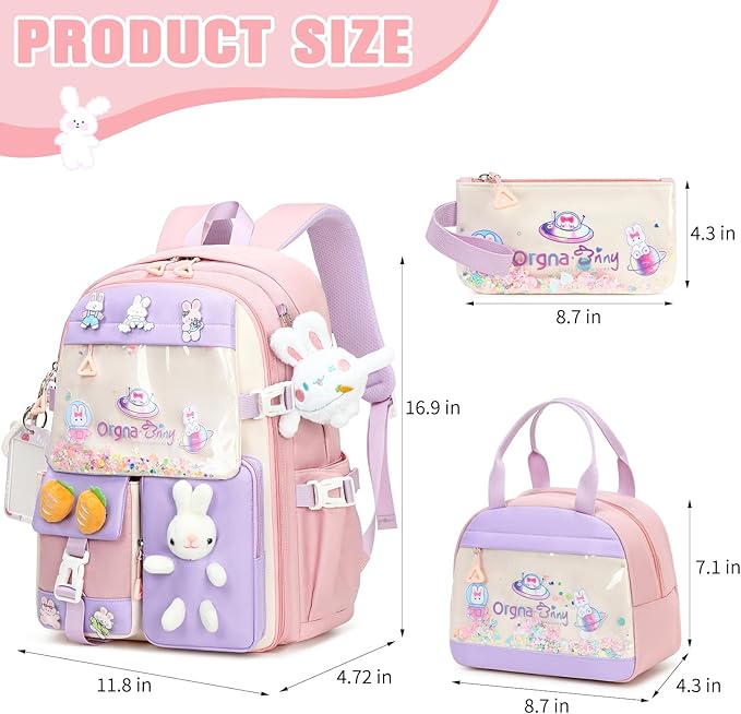Backpack for Girls Cute Bookbag Set with Lunch Box Pencil Case Kawaii Bunny School Backpacks for Girl 3 Pcs Kindergarten Elementary Preschool Middle Sequin School Bag for Girls (Pink)