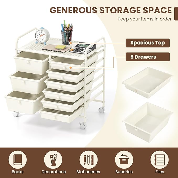 COSTWAY Rolling Storage Cart with 9 Drawer, Mobile Utility Cart with Metal Frame, Art Supply Craft Organizer, Multipurpose Storage Organizer for Paper, Office, School Teacher, Classroom, White