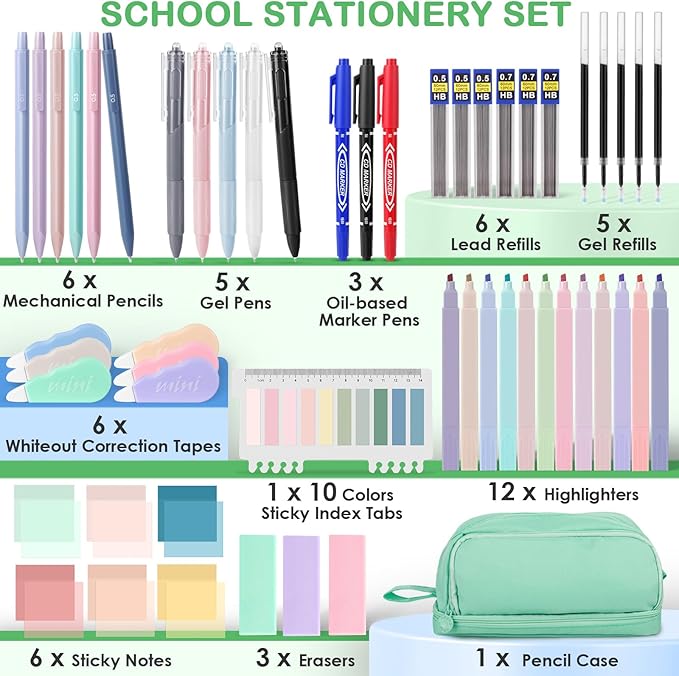 54 PCS Aesthetic School Supplies, Stationery Essentials Set with Large Pen Case, Mechanical Pencils & Gel Pens with Refills, Markers, Erasers, Highlighters, Sticky Notes, Correction Tapes (Green)