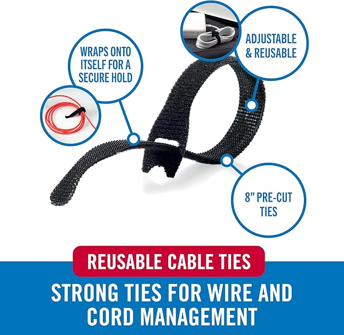 VELCRO Brand Heavy Duty Cable Ties Reusable | 60Pc Bulk Pack | 8 x 1/2" ONE-WRAP Straps, Black | Strong Wire Management | Cord Bundling for Home Office and Data Centers