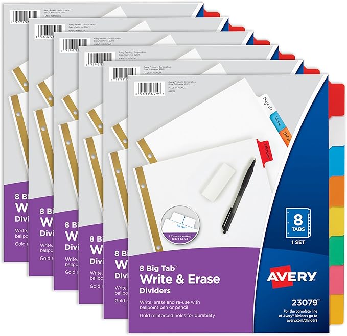 Avery Big Tab Write & Erase 8 Tab Dividers for 3 Ring Binders, Multicolor Divider Tabs, Great for Organizing Projects, Reports, Finances, 6-Pack (23079)