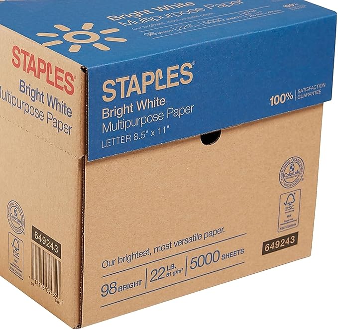 Staples 8.5-Inch x 11-Inch Multipurpose Paper 22 lbs 98 Brightness 500/RM 10 RM/CT