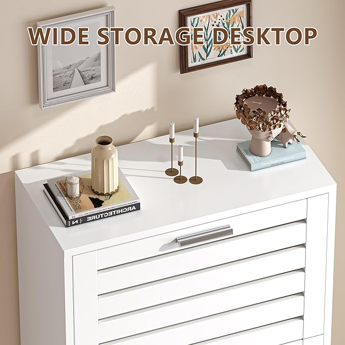 VECELO Shoe Storage Cabinet with 3 Flip Drawers, Slim Hidden Free Standing Organizer for Narrow Entryway, Adjustable Shelf, Modern Style, White (47.8" x 23.6" x 11.4")