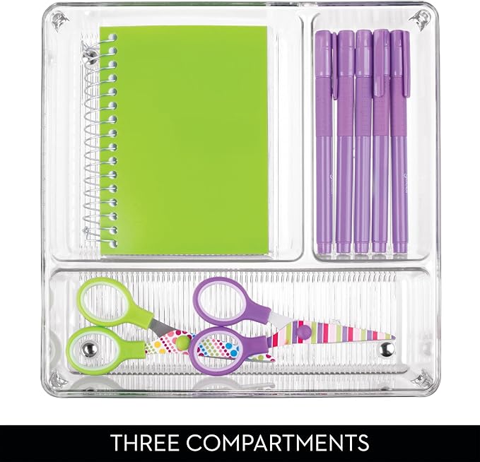 iDesign 3-Section Divided Drawer Organizer for Kitchen, Bathroom, and Desk Drawers - Clear