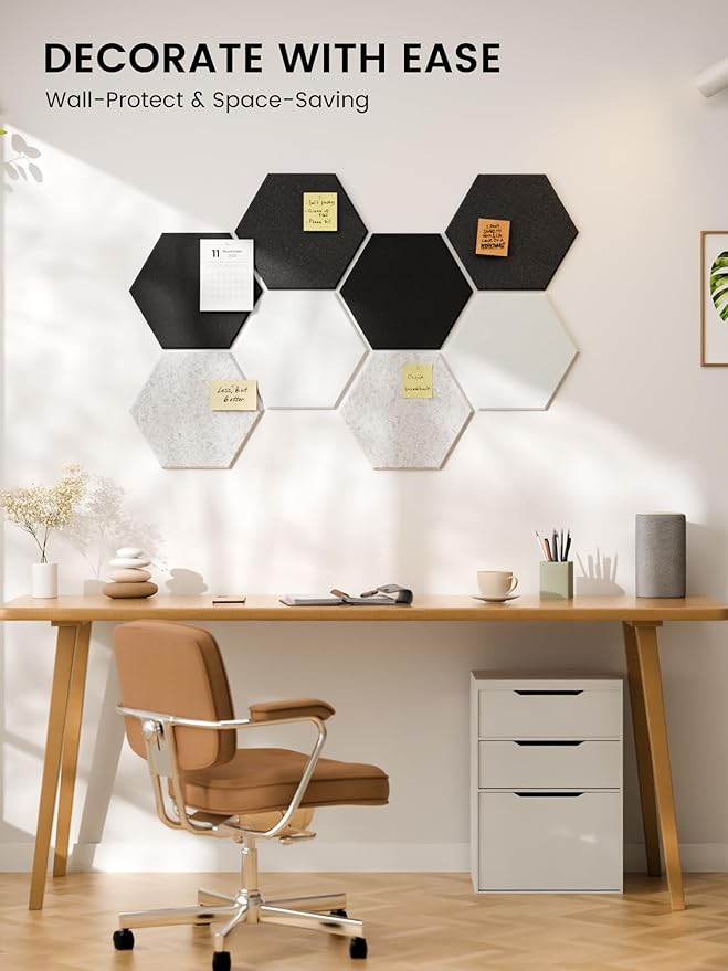 Fluxynara Hexagon Cork Board Alternative for Walls Decor-8-Pack Felt Bulletin Board Tiles,with 30 Pushpins,50 Adhesive Tabs for Office,Classrooms & Home Pin Board Felt Board-Concrete Echo