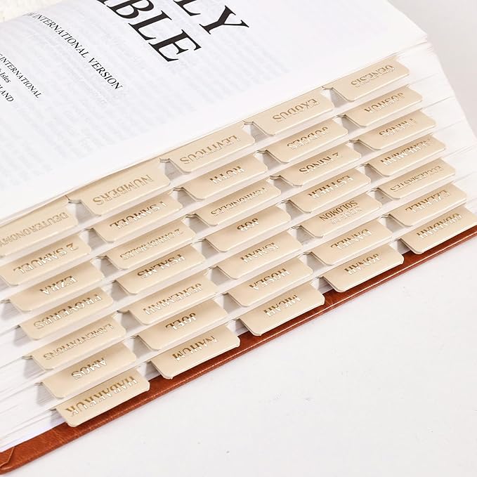 Leather Bible Tabs, Bible Tabs for Women and Men(Gold Foil Lettering) Large Print Stickers, Easy to Read and Apply, 66 Chapters & 14 Blank DIY Labels for Easy Navigation, Christian Accessories(Beige)