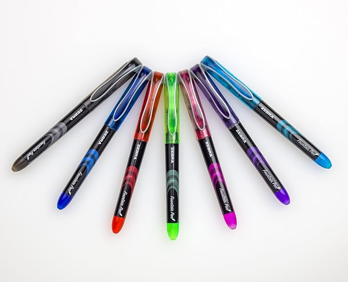 Zebra Pen, Fountain Pen, 0.6mm Fine Point, Stainless Steel Nib, Preloaded Assorted Ink, Smooth Ink Flow, Vibrant Assorted Barrels, No Cartridge Needed, 7-Pack (48307)