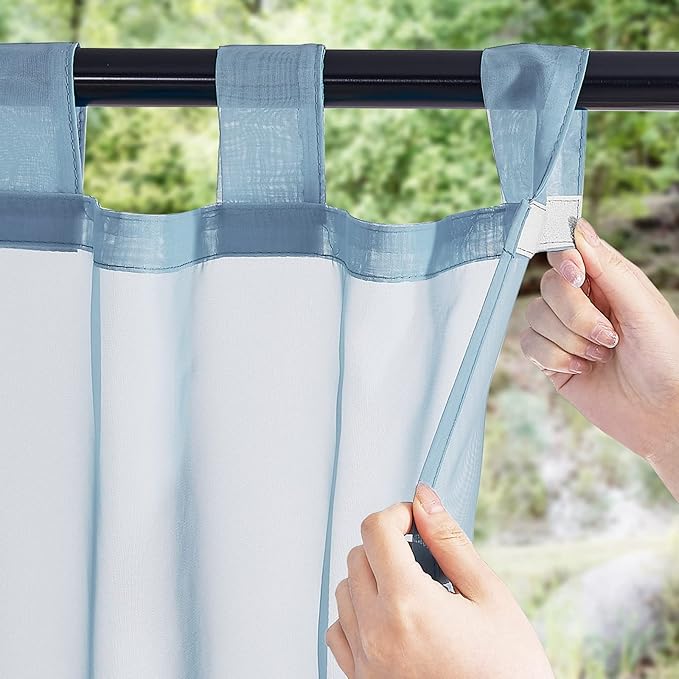 NICETOWN Outdoor Curtains for Patio Waterproof, Self Sticky Tab Top Voile Sheer Drapes Airy & Elegant Drapes Easy Hanging for Cabana/Pool, W54 x L84, 2 Panels, Stone Blue